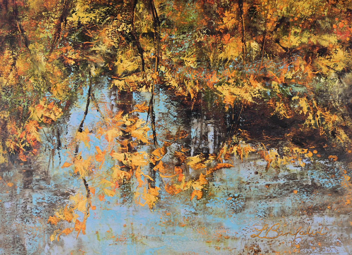 Painting of leaves reflected in water