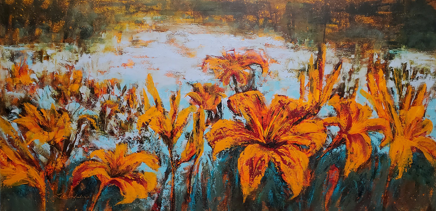 Painting of orange lilies by water