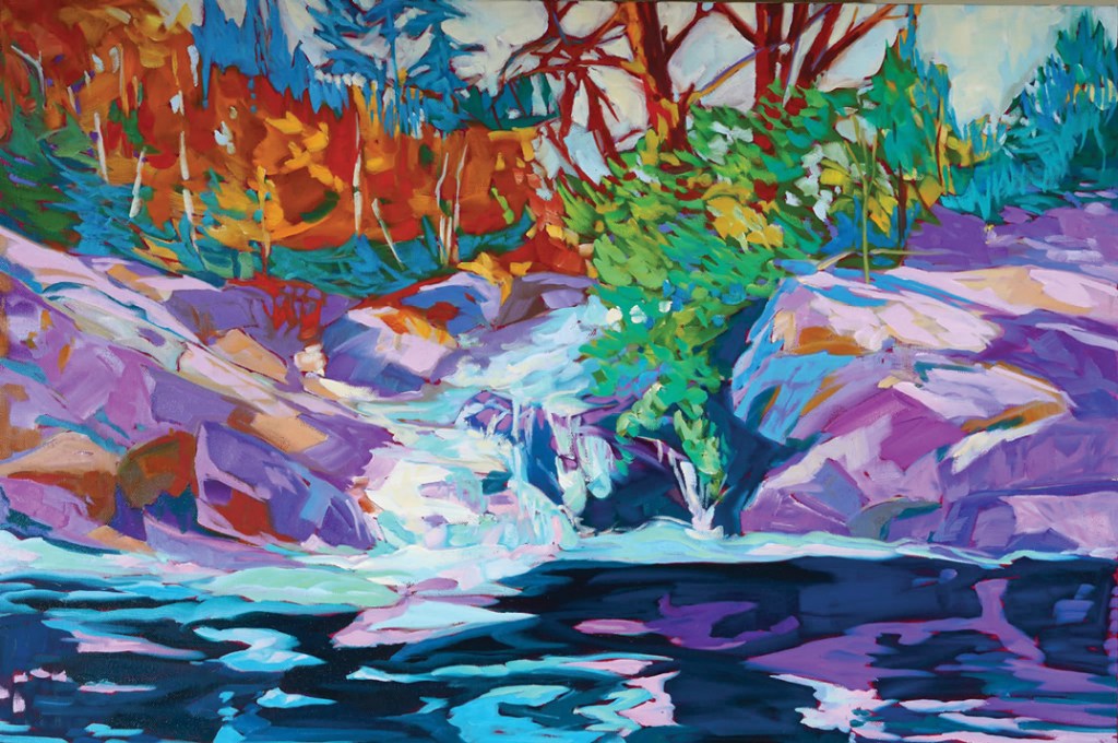 Colourful painting of rocky landscape and water