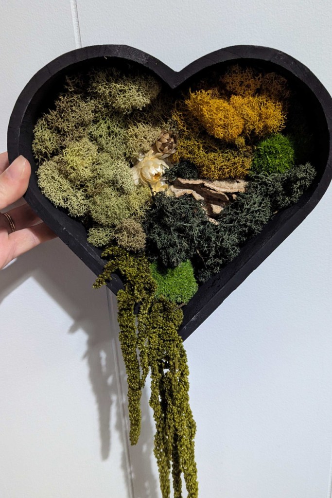 Photo of heart-shaped framed moss creation in greens and dark yellow