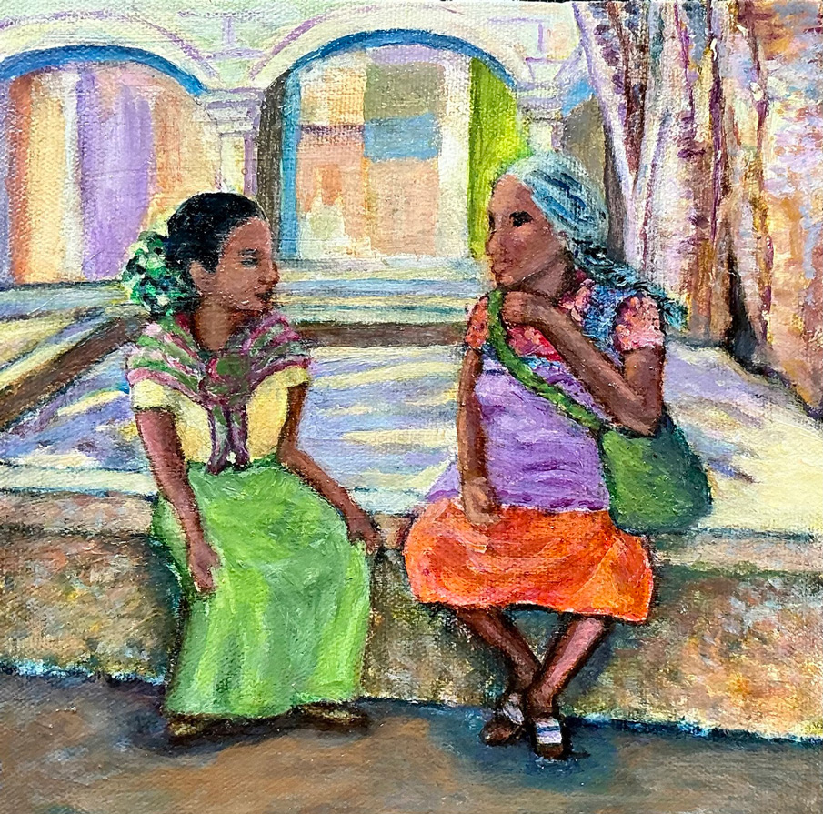 colourful painting of two women chatting