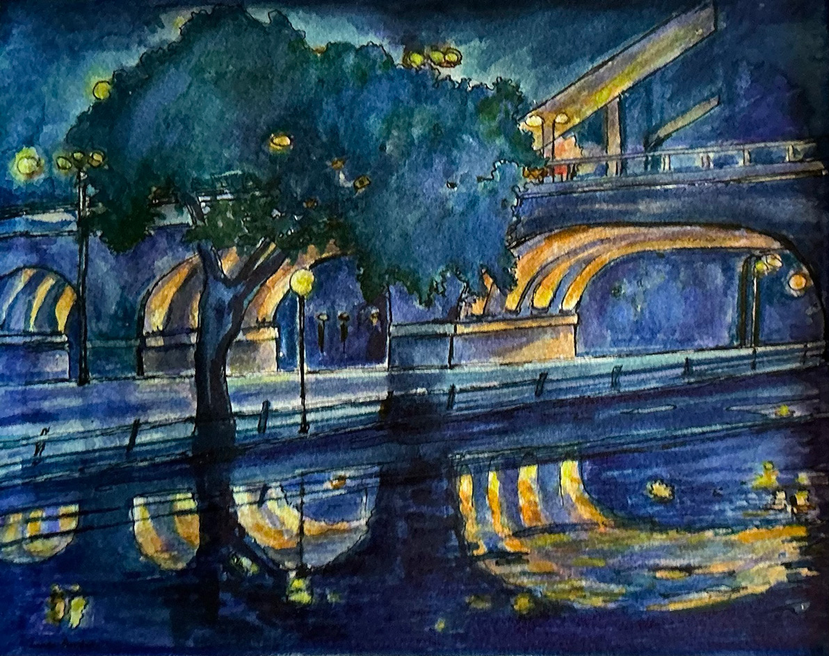 painting of canal scene at night in dark blues and golds