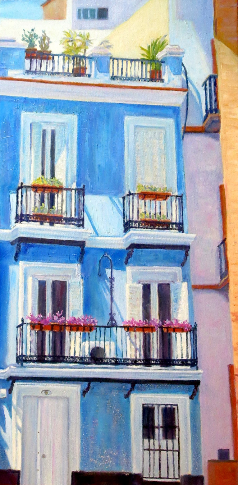 painting of apartment block in blues and whites