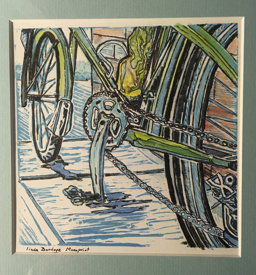 Watercolour painting of bicycle detail in blues and greens