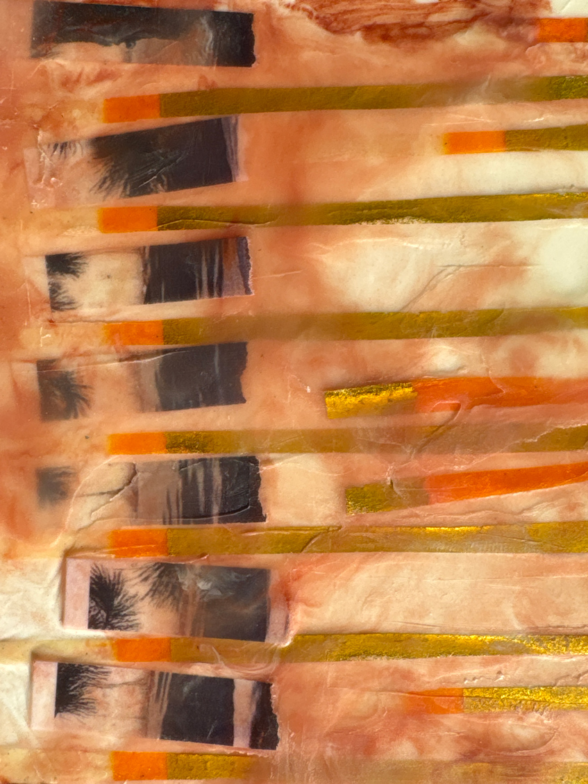 Abstract encaustic art collage in warm tones and dark grey